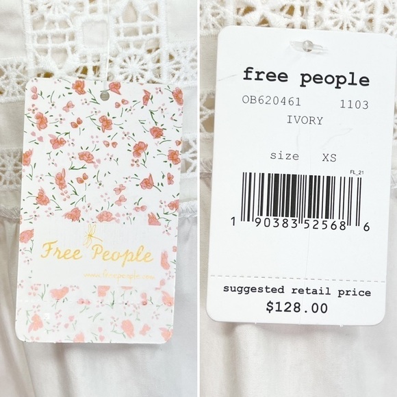 Free People White Cotton Blouse Size XS Bell Sleeves Crochet Eyelet Lace New NWT - Picture 10 of 12